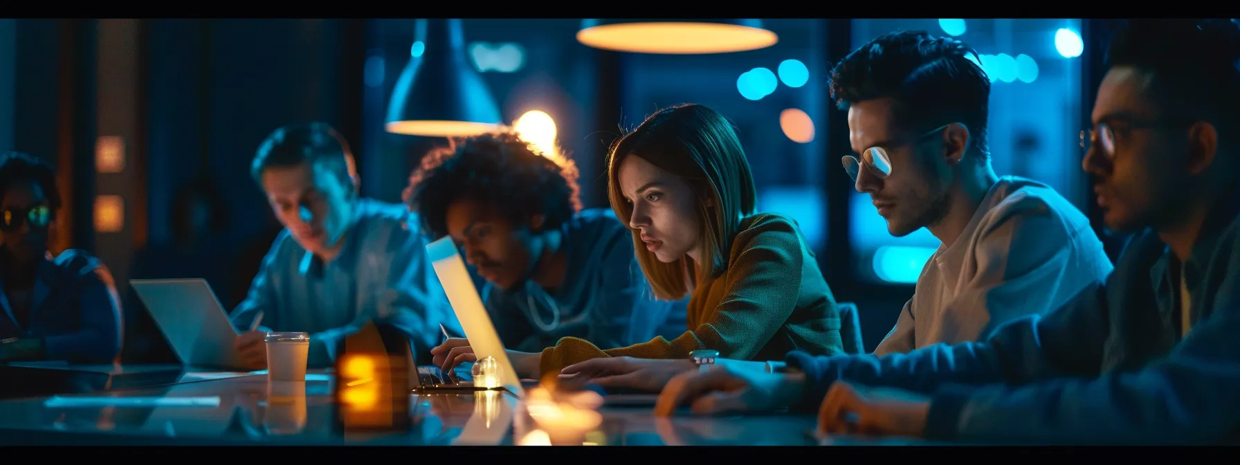 a group of marketing professionals collaborating on a laptop to create and optimize facebook ads.