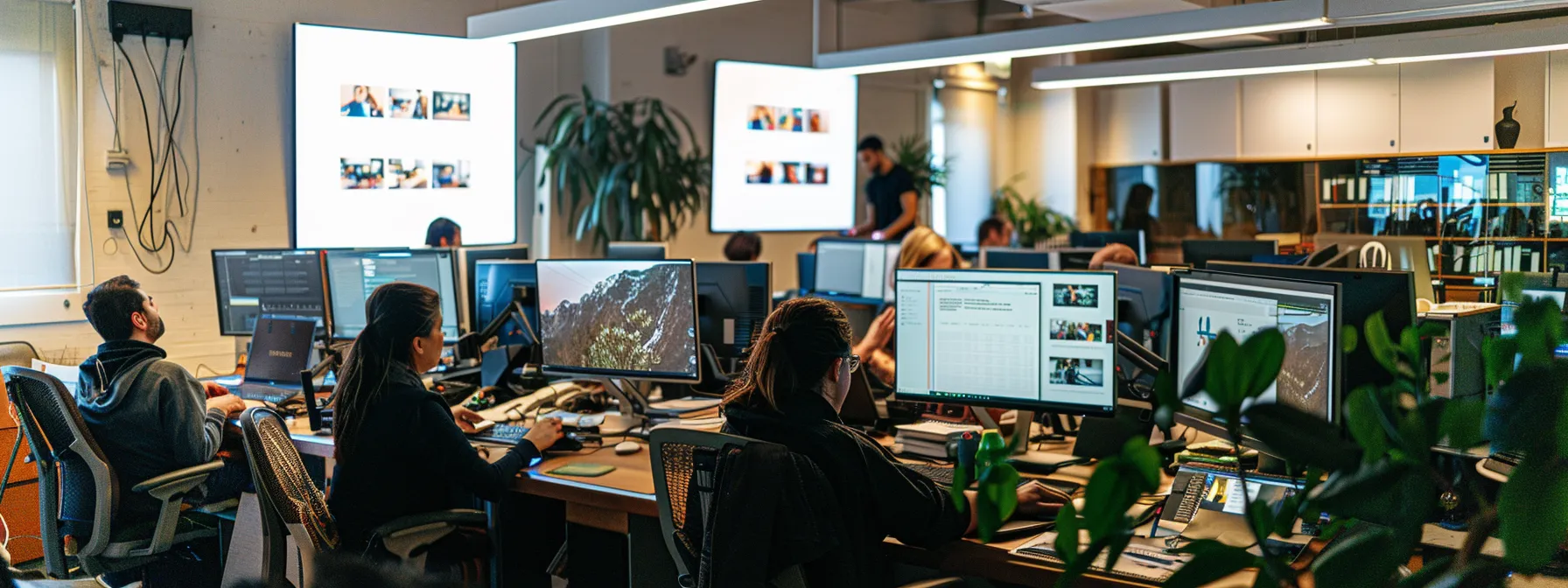 a busy agency office with multiple team members working collaboratively in front of computer screens with facebook business manager open.